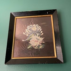 Antique framed black painted flowers on silk